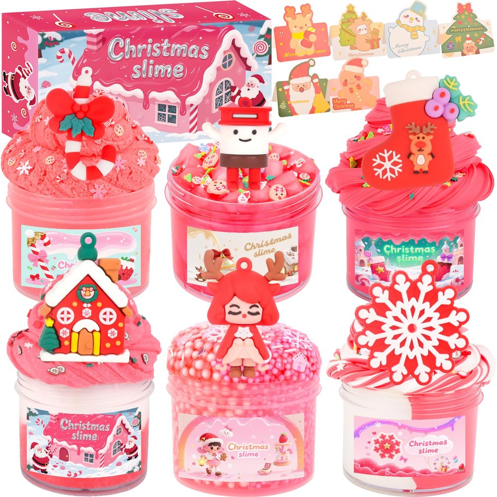 6 Pack Christmas Slimes, Red Slime Kids, for Girls Ages 8-12, Toys for Girls and Boys, for Kids Slime Set Party kit Goodie Bag Stuffers, 4 5 6 7 8 9 10 Year Old Girl Birthday Gift Cute Stuff
