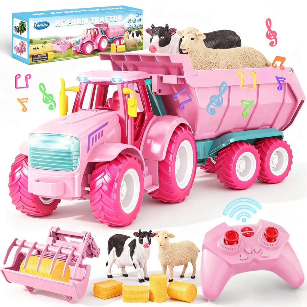 Funwee RC Farm Tractor Toy w/Light & Music, Kid Truck Toy w/Front Loader & Farm Animal, 2.4GHz RC Tractor Trailer Car Vehicle Toy for Boy Girl Age 3 4 5 6 7+ Year Old Christmas Birthday Gift (Pink)