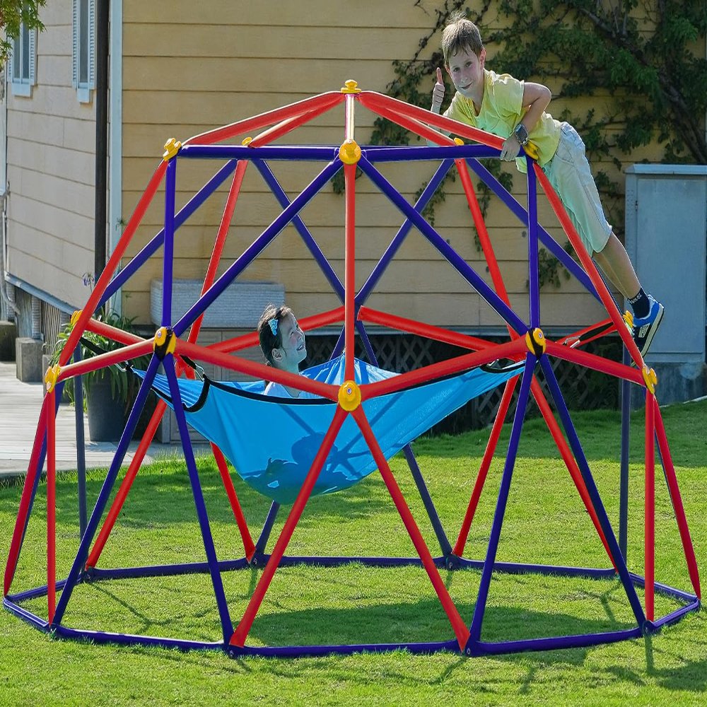 Zupapa 10FT Climbing Dome with Hammock, Outdoor Jungle Gym for Kids, Geometric Dome Climber Supporting 1200LBS Outdoor Play Equipment, Purple&Red