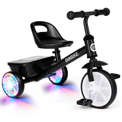 Bobike Toddler Tricycle for Ages 2-5 Years, Tricycle with 2 LED Light Wheels, Toddler Bike with 3-Position Seat and Rear Basket, Kids Bike Gift for Boys & Girl (Black)