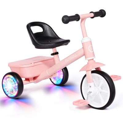 Bobike Toddler Tricycle for Ages 2-5 Years, Tricycle with 2 LED Light Wheels, Toddler Bike with 3-Position Seat and Rear Basket, Kids Bike Gift for Boys & Girl (Pink)