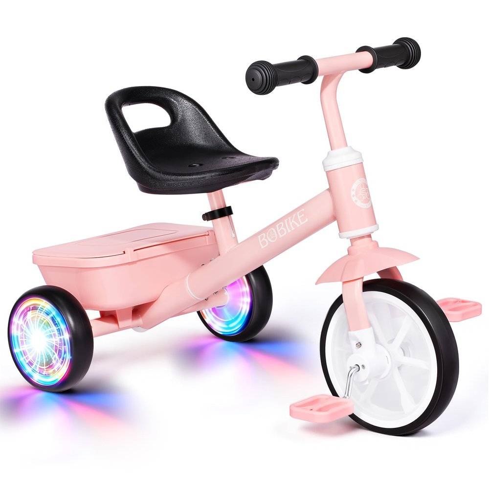 Bobike Toddler Tricycle for Ages 2-5 Years, Tricycle with 2 LED Light Wheels, Toddler Bike with 3-Position Seat and Rear Basket, Kids Bike Gift for Boys & Girl (Pink)