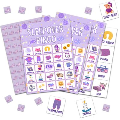 Sleepover Bingo Game Cards, Purple Slumber Bingo Game for Adults Friends Large Group, Ideal Gifts for Pajama Themed Party Holiday Activities, Spa Sleep Over Lady Night Party Decorations Favors -A14