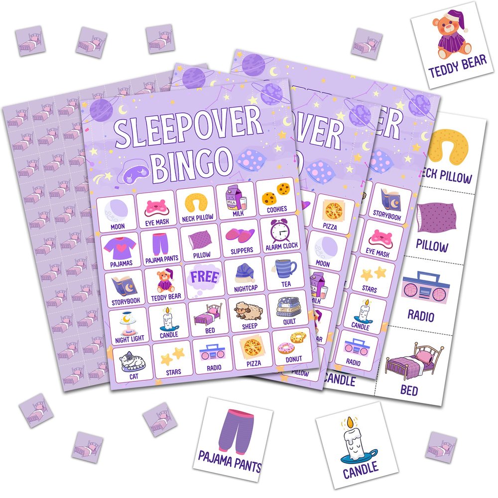Sleepover Bingo Game Cards, Purple Slumber Bingo Game for Adults Friends Large Group, Ideal Gifts for Pajama Themed Party Holiday Activities, Spa Sleep Over Lady Night Party Decorations Favors -A14