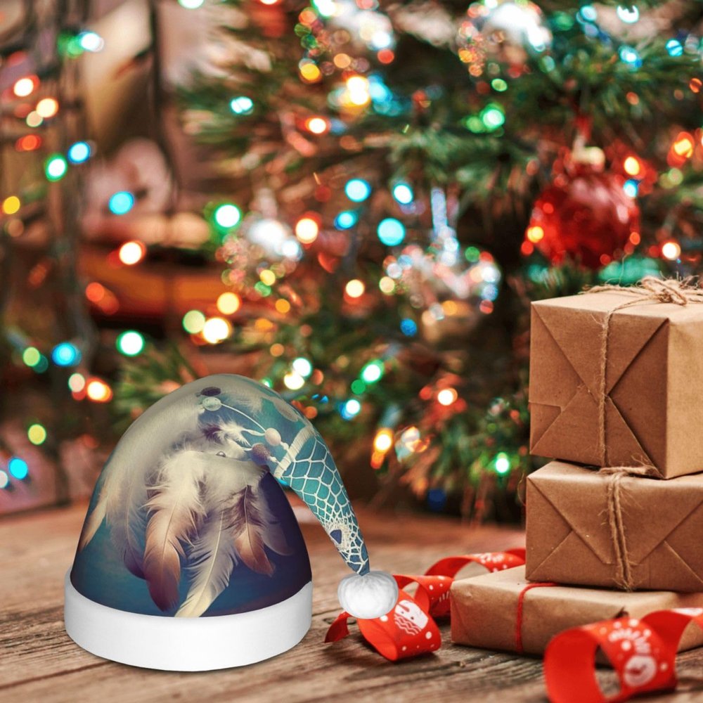LHDGBNV White Dream Catcher Feather Santa Hat For Kids Funny Christmas Hats Warm Comfort Velvet Holiday Xmas Hat For Boys Girls New Year Festive Party Decoration