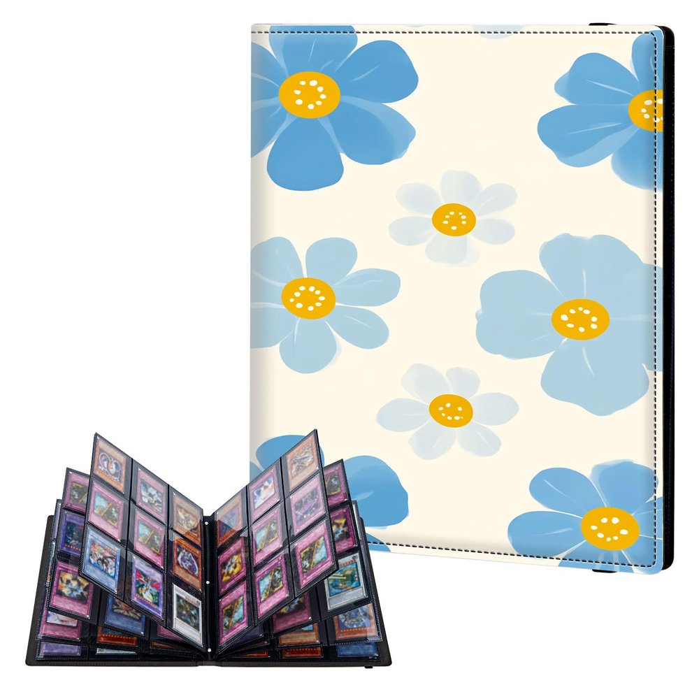 ETLKJVBL 9 Pocket Trading Card Binder, Blue Flowers with Yellow Centers Card Collection Book for MTG TCG Sports & Baseball, Top Loader Holder Album for Collectors