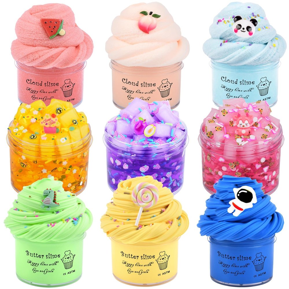 9 Pack Slime Kit, with 3 Jelly Cube Crunchy Slime 3 Cloud Slime 3 Butter Slime, Soft and Non-Sticky, DIY Stress Relief Toys for Girl and Boys, Birthday Gift, Party Favor