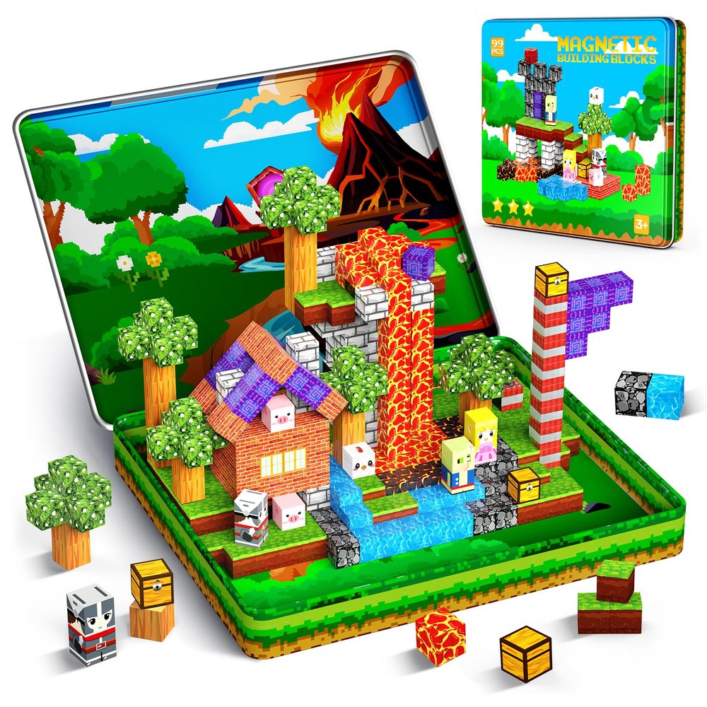 99PCS Magnetic Blocks Travel Toys, Magnet Building Blocks with Portable Metal Box, Mini Construction Travel Magnetic Tiles for Toddlers Boys Age 3-5 4-8 8-12, STEM Sensory Outdoor Travel Toys Gifts