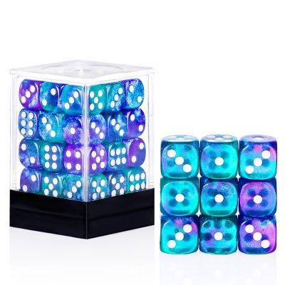 36 of Pack 12MM 6 Sided MINI Dice Set,Two Colours Glitter D6 Game Dice Set, 6 Sided Standard Dices for Yahtzee, Bunco or Teaching Math,with Portable Plastic Box(Green Purple)