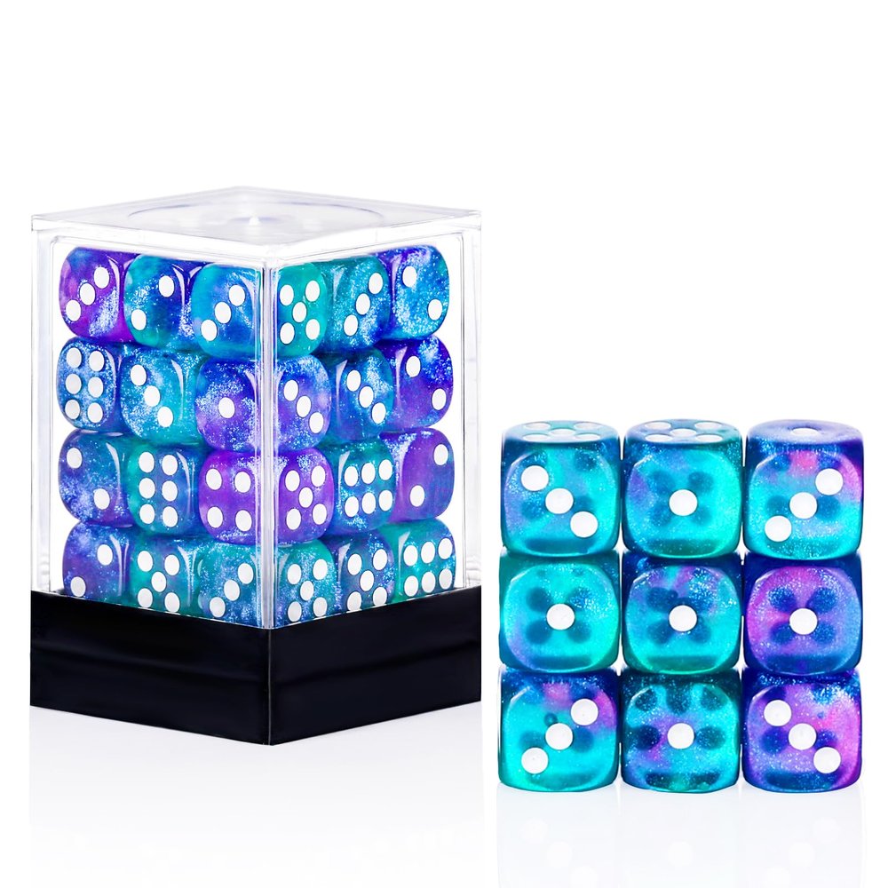 36 of Pack 12MM 6 Sided MINI Dice Set,Two Colours Glitter D6 Game Dice Set, 6 Sided Standard Dices for Yahtzee, Bunco or Teaching Math,with Portable Plastic Box(Green Purple)