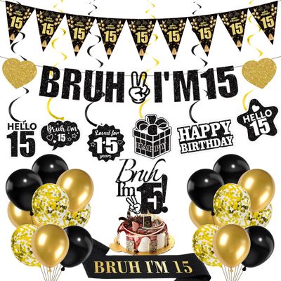15th Birthday Decorations Boys Banner - 28 Pcs Black Gold Bruh I'M 15 Banners Triangle Bunting Swirls Glitter Garland Sash Shoulder Strap Balloons Cake Topper Decor for 15 Year Old Party Supplies