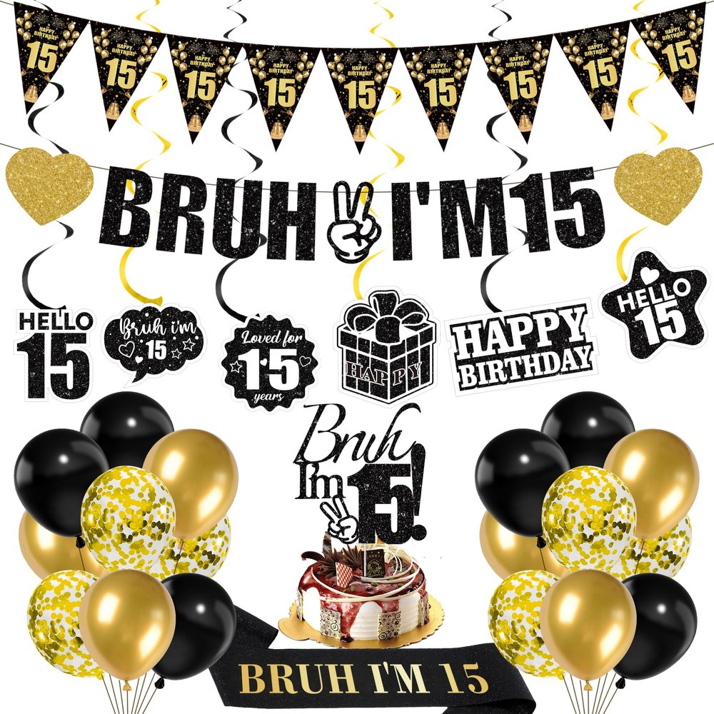 15th Birthday Decorations Boys Banner - 28 Pcs Black Gold Bruh I'M 15 Banners Triangle Bunting Swirls Glitter Garland Sash Shoulder Strap Balloons Cake Topper Decor for 15 Year Old Party Supplies