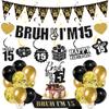 15th Birthday Decorations Boys Banner - 28 Pcs Black Gold Bruh I'M 15 Banners Triangle Bunting Swirls Glitter Garland Sash Shoulder Strap Balloons Cake Topper Decor for 15 Year Old Party Supplies view 1