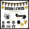 15th Birthday Decorations Boys Banner - 28 Pcs Black Gold Bruh I'M 15 Banners Triangle Bunting Swirls Glitter Garland Sash Shoulder Strap Balloons Cake Topper Decor for 15 Year Old Party Supplies view 2