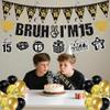 15th Birthday Decorations Boys Banner - 28 Pcs Black Gold Bruh I'M 15 Banners Triangle Bunting Swirls Glitter Garland Sash Shoulder Strap Balloons Cake Topper Decor for 15 Year Old Party Supplies view 4