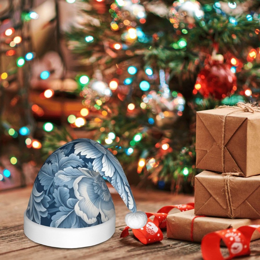 LHDGBNV Blue White Floral Pattern Santa Hat For Kids Funny Christmas Hats Warm Comfort Velvet Holiday Xmas Hat For Boys Girls New Year Festive Party Decoration