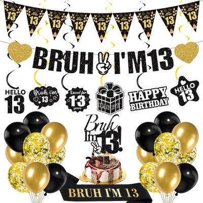 13th Birthday Decorations Boys Banner - 28 Pcs Black Gold Bruh I'M 13 Banners Triangle Bunting Swirls Sash Shoulder Strap Balloons Cake Topper Decor for 13 Year Old Party Supplies