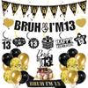 13th Birthday Decorations Boys Banner - 28 Pcs Black Gold Bruh I'M 13 Banners Triangle Bunting Swirls Sash Shoulder Strap Balloons Cake Topper Decor for 13 Year Old Party Supplies view 1