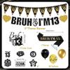 13th Birthday Decorations Boys Banner - 28 Pcs Black Gold Bruh I'M 13 Banners Triangle Bunting Swirls Sash Shoulder Strap Balloons Cake Topper Decor for 13 Year Old Party Supplies view 2