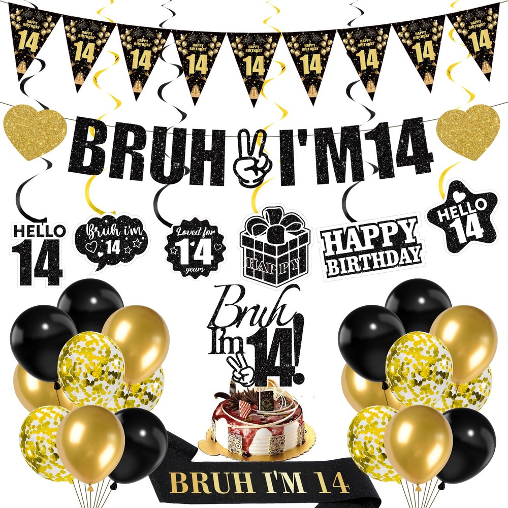 14th Birthday Decorations Boys Banner - 28 Pcs Black Gold Bruh I'M 14 Banners Triangle Bunting Swirls Glitter Garland Sash Shoulder Strap Balloons Cake Topper Decor for 14 Year Old Party Supplies