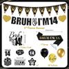 14th Birthday Decorations Boys Banner - 28 Pcs Black Gold Bruh I'M 14 Banners Triangle Bunting Swirls Glitter Garland Sash Shoulder Strap Balloons Cake Topper Decor for 14 Year Old Party Supplies view 2