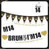14th Birthday Decorations Boys Banner - 28 Pcs Black Gold Bruh I'M 14 Banners Triangle Bunting Swirls Glitter Garland Sash Shoulder Strap Balloons Cake Topper Decor for 14 Year Old Party Supplies view 3