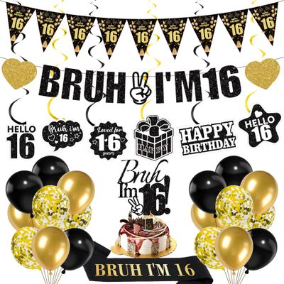 16th Birthday Decorations Boys Banner - 28 Pcs Black Gold Bruh I'M 16 Banners Triangle Bunting Swirls Glitter Garland Sash Shoulder Strap Balloons Cake Topper Decor for 16 Year Old Party Supplies