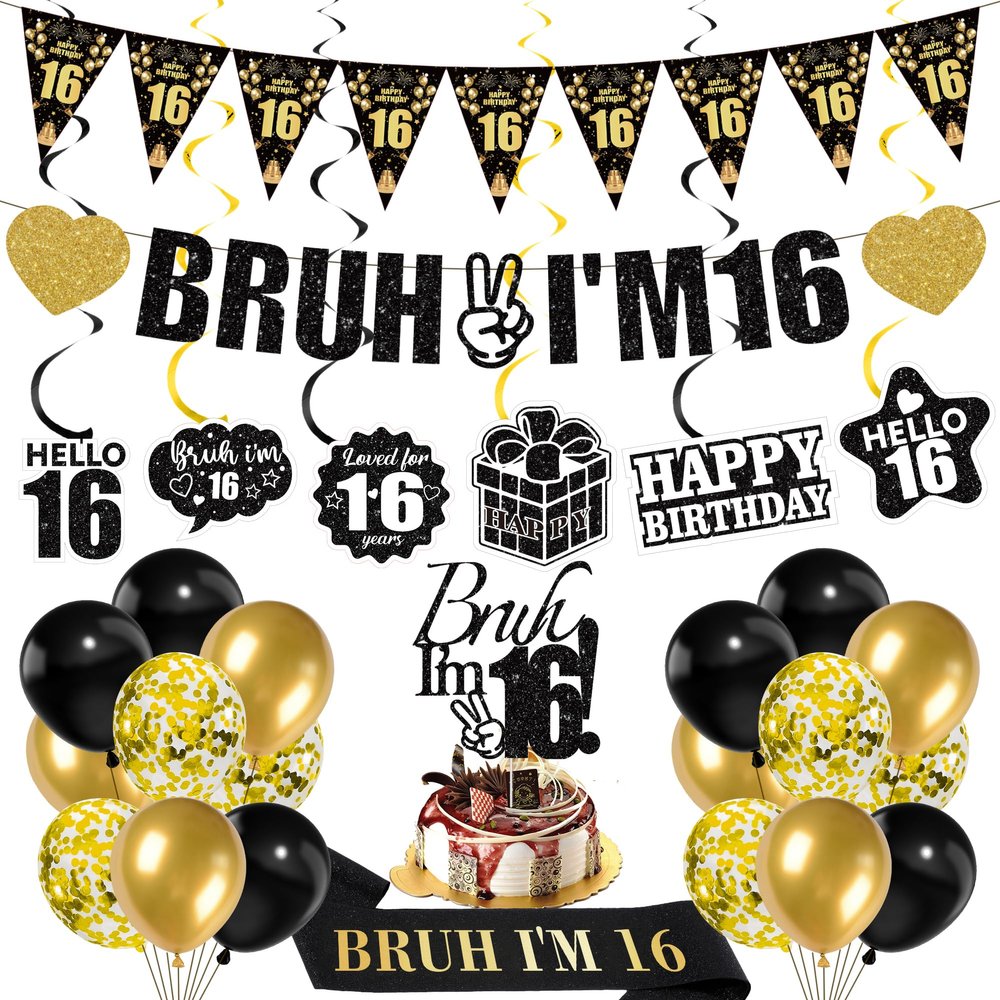 16th Birthday Decorations Boys Banner - 28 Pcs Black Gold Bruh I'M 16 Banners Triangle Bunting Swirls Glitter Garland Sash Shoulder Strap Balloons Cake Topper Decor for 16 Year Old Party Supplies