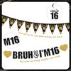 16th Birthday Decorations Boys Banner - 28 Pcs Black Gold Bruh I'M 16 Banners Triangle Bunting Swirls Glitter Garland Sash Shoulder Strap Balloons Cake Topper Decor for 16 Year Old Party Supplies view 3