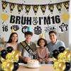 16th Birthday Decorations Boys Banner - 28 Pcs Black Gold Bruh I'M 16 Banners Triangle Bunting Swirls Glitter Garland Sash Shoulder Strap Balloons Cake Topper Decor for 16 Year Old Party Supplies view 4