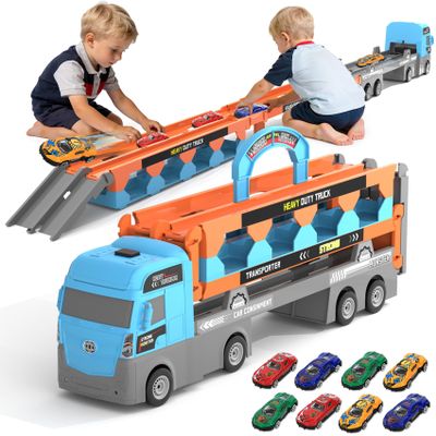gearvibe 2-in-1 Race Track Truck Car Toys for 3, 4, 5, 6, 7, 8 Years Old Boys Girls, Foldable Transport Car Toys with 2 Foldable Race Tracks 8 Race Cars, Birthday Gifts for Toddler Boys