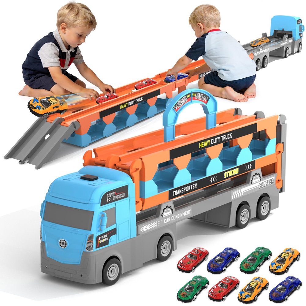 gearvibe 2-in-1 Race Track Truck Car Toys for 3, 4, 5, 6, 7, 8 Years Old Boys Girls, Foldable Transport Car Toys with 2 Foldable Race Tracks 8 Race Cars, Birthday Gifts for Toddler Boys