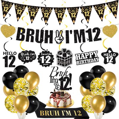 12th Birthday Decorations Boys Banner - 28 Pcs Black Gold Bruh I'M 12 Banners Triangle Bunting Swirls Sash Shoulder Strap Balloons Cake Topper Decor for 12 Year Old Party Supplies