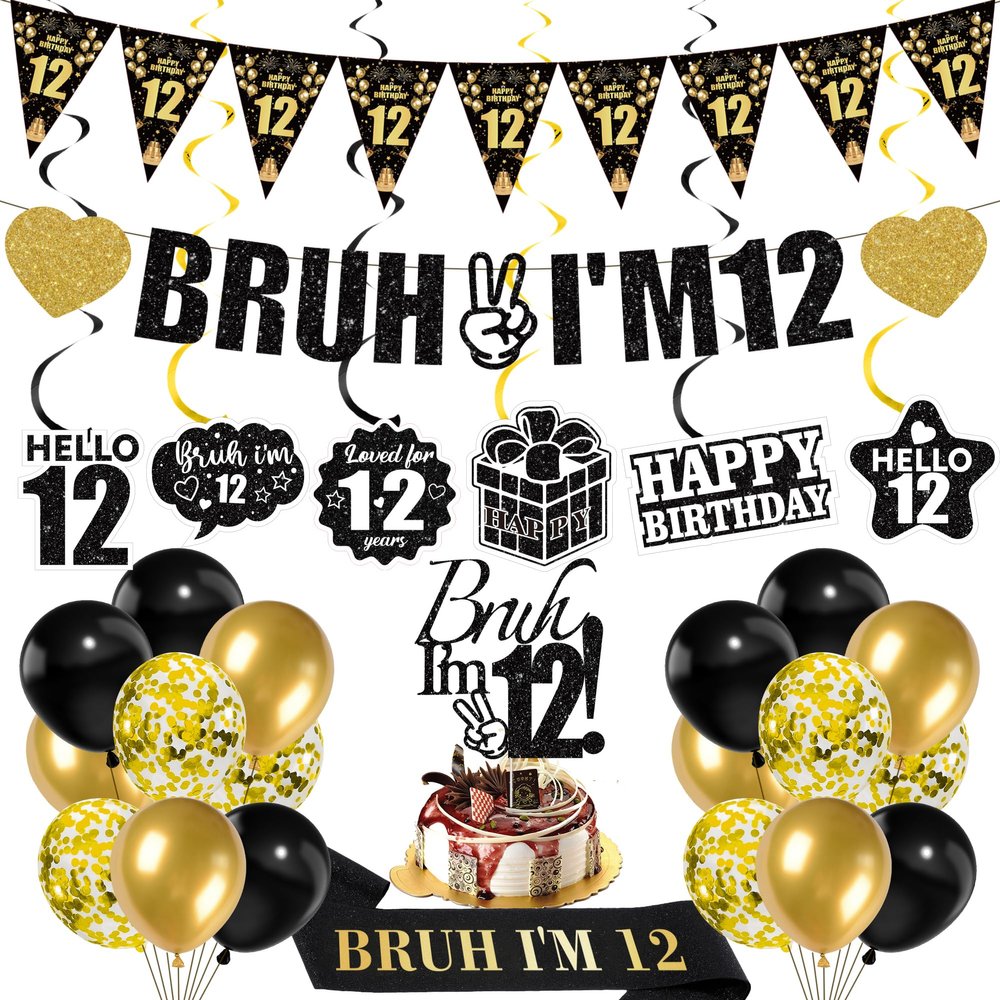 12th Birthday Decorations Boys Banner - 28 Pcs Black Gold Bruh I'M 12 Banners Triangle Bunting Swirls Sash Shoulder Strap Balloons Cake Topper Decor for 12 Year Old Party Supplies