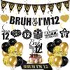 12th Birthday Decorations Boys Banner - 28 Pcs Black Gold Bruh I'M 12 Banners Triangle Bunting Swirls Sash Shoulder Strap Balloons Cake Topper Decor for 12 Year Old Party Supplies view 1