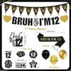 12th Birthday Decorations Boys Banner - 28 Pcs Black Gold Bruh I'M 12 Banners Triangle Bunting Swirls Sash Shoulder Strap Balloons Cake Topper Decor for 12 Year Old Party Supplies view 2