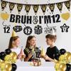 12th Birthday Decorations Boys Banner - 28 Pcs Black Gold Bruh I'M 12 Banners Triangle Bunting Swirls Sash Shoulder Strap Balloons Cake Topper Decor for 12 Year Old Party Supplies view 4