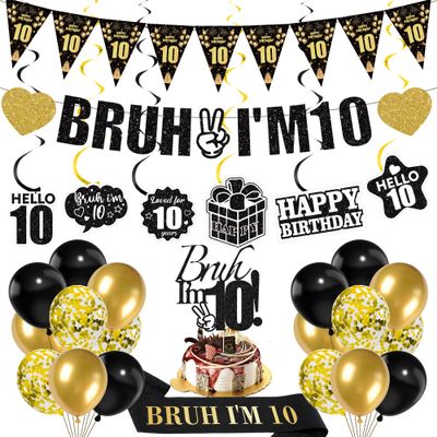 10th Birthday Decorations Boys Banner - 28 Pcs Glitter Bruh I'M 10 Banners Triangle Bunting Swirls Garland Shoulder Strap Balloons Cake Topper Decor for 10 Year Old Double Digits Party Supplies