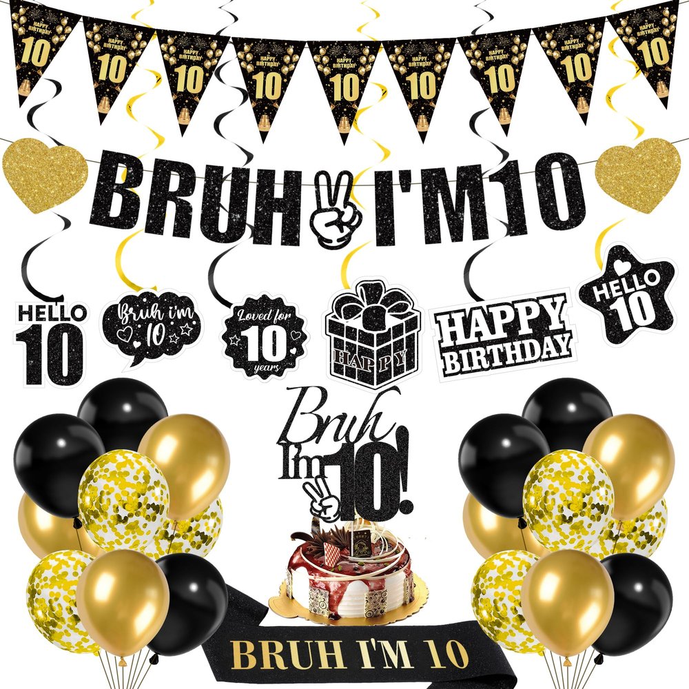 10th Birthday Decorations Boys Banner - 28 Pcs Glitter Bruh I'M 10 Banners Triangle Bunting Swirls Garland Shoulder Strap Balloons Cake Topper Decor for 10 Year Old Double Digits Party Supplies