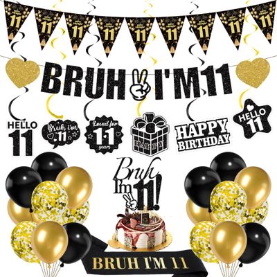 11th Birthday Decorations Boys Banner - 28 Pcs Black Gold Bruh I'M 11 Banners panant Swirls Glitter Garland Shoulder Strap Balloons Cake Topper Decor for 11 Year Old Party Supplies