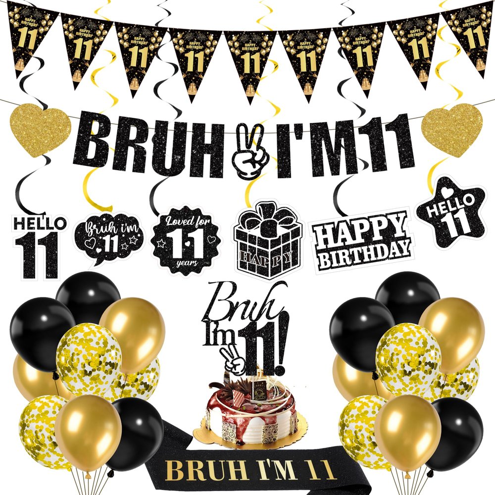 11th Birthday Decorations Boys Banner - 28 Pcs Black Gold Bruh I'M 11 Banners panant Swirls Glitter Garland Shoulder Strap Balloons Cake Topper Decor for 11 Year Old Party Supplies