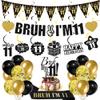 11th Birthday Decorations Boys Banner - 28 Pcs Black Gold Bruh I'M 11 Banners panant Swirls Glitter Garland Shoulder Strap Balloons Cake Topper Decor for 11 Year Old Party Supplies view 1