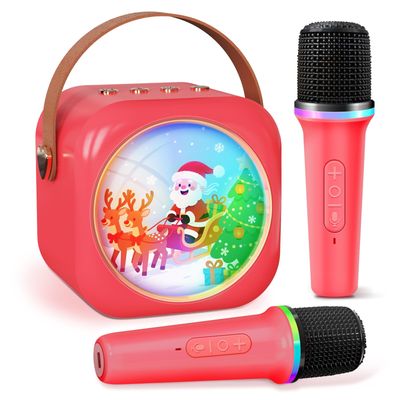 Mini Karaoke Machine with 2 Wireless Microphones,Gift for 3-12 Years Old, 2026 Best Christmas Birthday Toy for Girls Boys Party (Red)