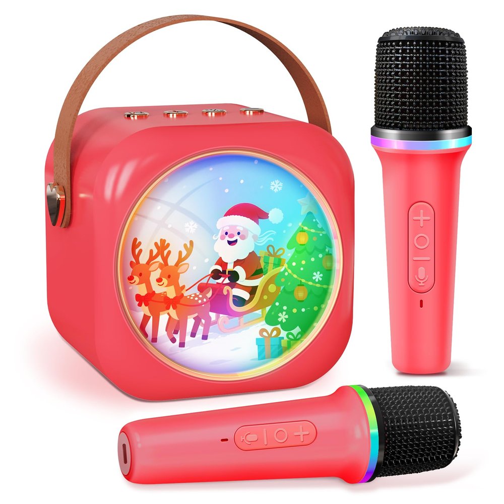 Mini Karaoke Machine with 2 Wireless Microphones,Gift for 3-12 Years Old, 2026 Best Christmas Birthday Toy for Girls Boys Party (Red)