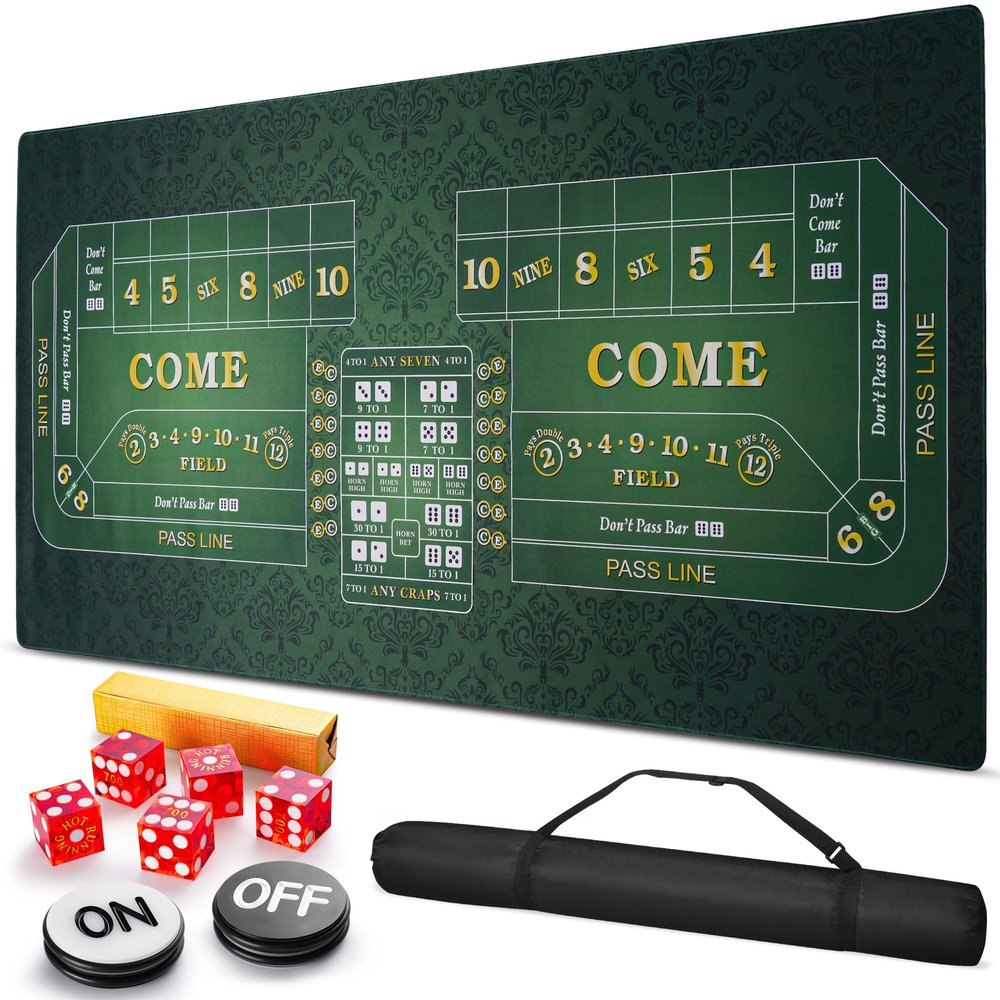 70" x 35" Craps Tabletop Mat Set with 5 Grade AAA 19mm Casino Dice & On/Off Button Crap Game Layout for Home Entertainment Non-Slip Water-Resistant Portable Crap Mat with Zippered Bag (70 X 35 IN)
