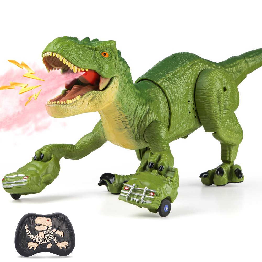 HAYXUN Remote Control Tyrannosaurus Rex Dinosaur Toys for Kids 3-5, 5-7, 8-12, RC T Rex Dino Robot Toy with Spray, Roar & Light, Birthday for 3 4 5 6 7 8 9 10 11 12 Year Old Boys (Green)