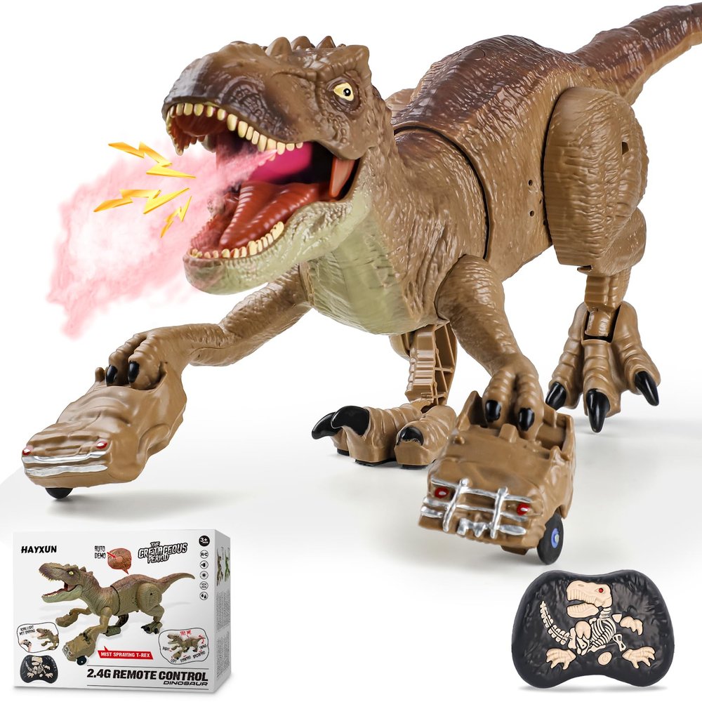 HAYXUN Remote Control Tyrannosaurus Rex Dinosaur Toys for Kids 3-5, 5-7, 8-12, RC T Rex Dino Robot Toy with Spray, Roar & Light, Birthday for 3 4 5 6 7 8 9 10 11 12 Year Old Boys (Brown)