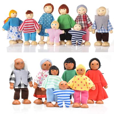 Jzszera 15 Pcs Wooden Dollhouse People with Movable Limbs, Doll House Family Figures for Educational Pretend Play