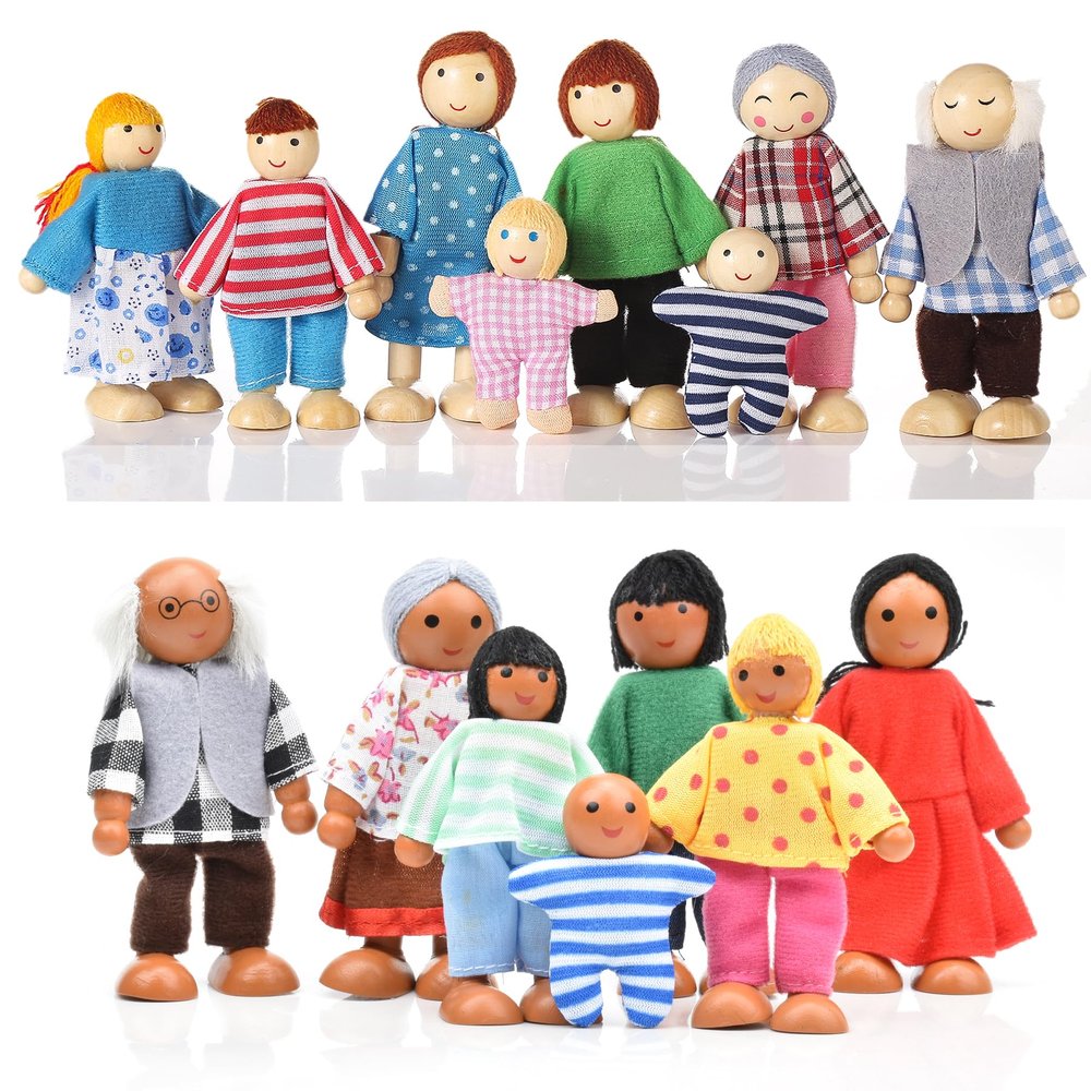 Jzszera 15 Pcs Wooden Dollhouse People with Movable Limbs, Doll House Family Figures for Educational Pretend Play