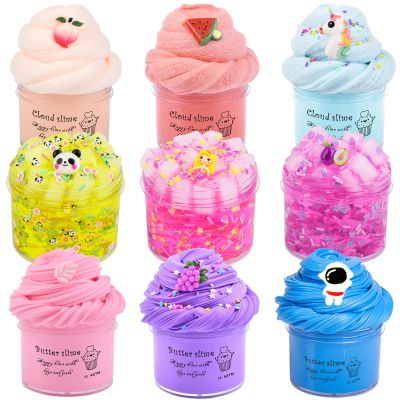 9 Pack Cloud Slime Kit, with 3 Jelly Cube Crunchy Slime 3 Cloud Slime 3 Butter Slime, Soft Non-Sticky, with Panda, Peach Charms, Stress Relief Toy for Girls Boys, Birthday Gift, Kids Party Toys